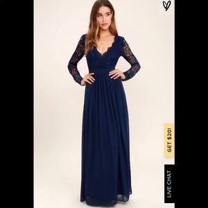 Lulus NAVY BLUE LONG SLEEVE LACE MAXI DRESS